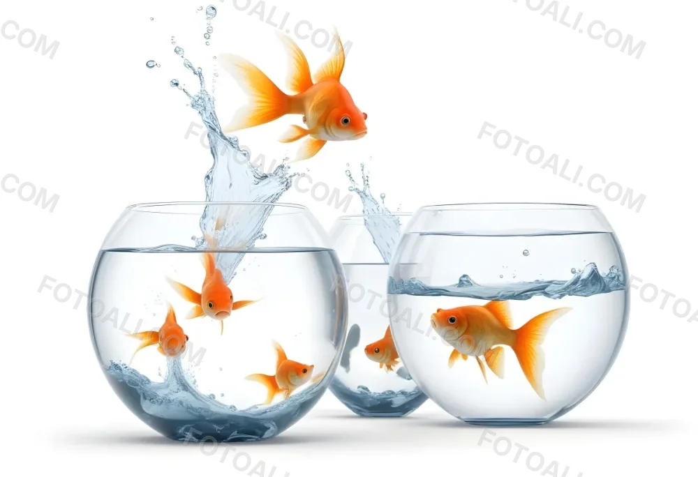 3d Model A Goldfish Jumping From A Small Fishbowl With Water Splashing To A Bigger Fishbowl With A Goldfish Inside White Background Figure Octane Render Volumetric Highly Detailed Videogame Aesthetic 40 3295
