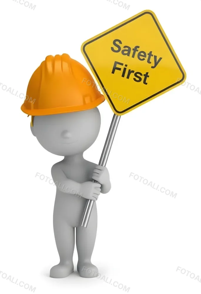 3d Model A Gray Humanoid Figure Wearing An Orange Hard Hat Holding A Yellow Sign That Reads Safety First In Black Text The Figure Stands Upright With Both Hands On The Sign Emphasizing The Importance Of Safety The 15 E764
