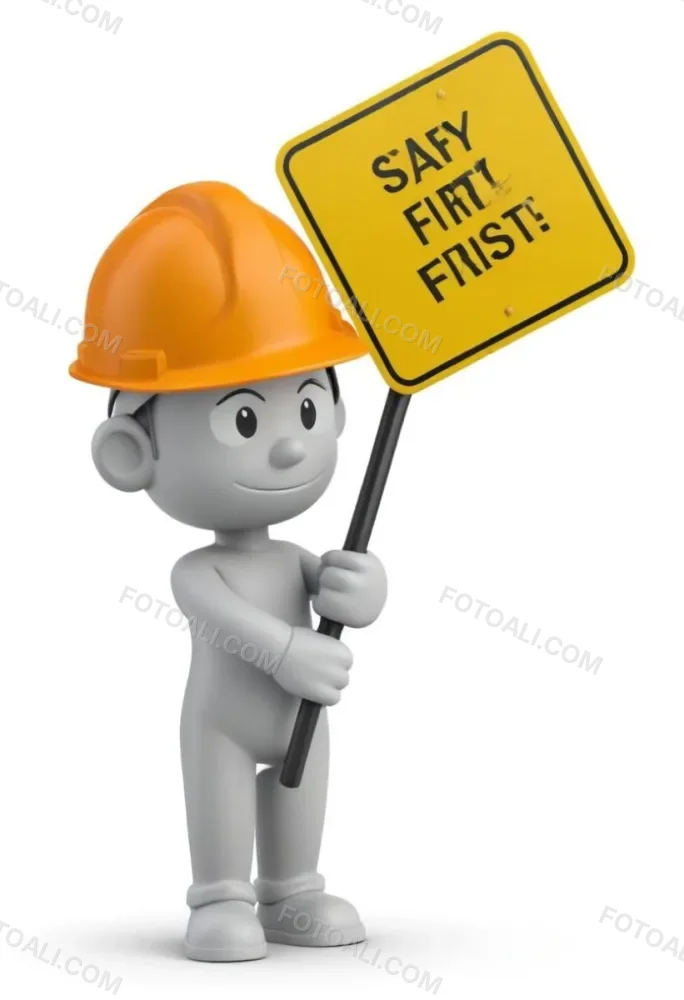 3d Model A Gray Humanoid Figure Wearing An Orange Hard Hat Holding A Yellow Sign That Reads Safety First In Black Text The Figure Stands Upright With Both Hands On The Sign Emphasizing The Importance Of Safety The 16 Ad15