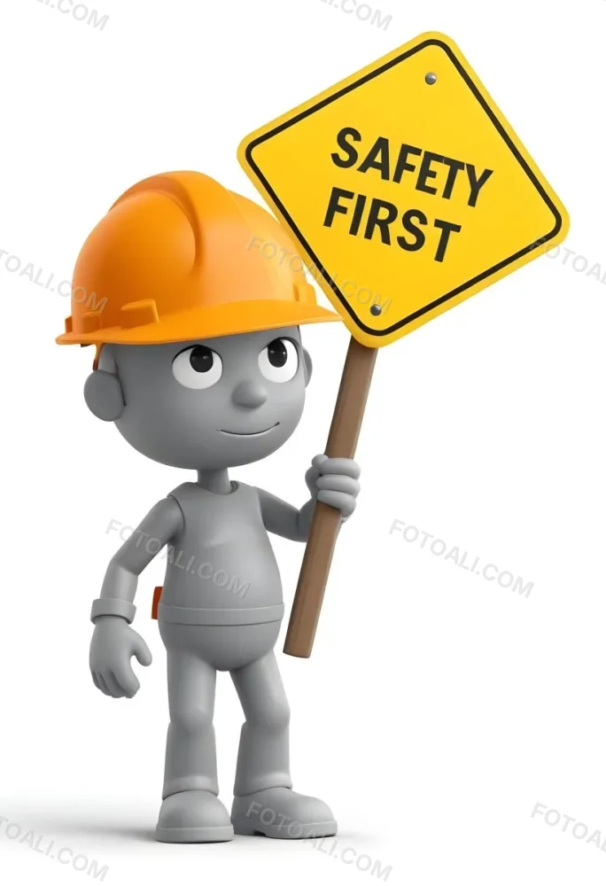 3d Model A Gray Humanoid Figure Wearing An Orange Hard Hat Holding A Yellow Sign That Reads Safety First In Black Text The Figure Stands Upright With Both Hands On The Sign Emphasizing The Importance Of Safety The 19 0230
