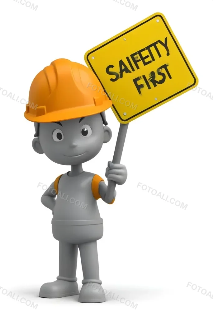 3d Model A Gray Humanoid Figure Wearing An Orange Hard Hat Holding A Yellow Sign That Reads Safety First In Black Text The Figure Stands Upright With Both Hands On The Sign Emphasizing The Importance Of Safety The 20 9228