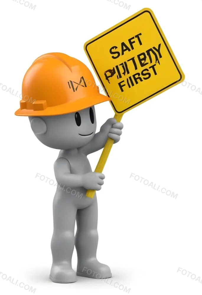 3d Model A Gray Humanoid Figure Wearing An Orange Hard Hat Holding A Yellow Sign That Reads Safety First In Black Text The Figure Stands Upright With Both Hands On The Sign Emphasizing The Importance Of Safety The 3 5e46
