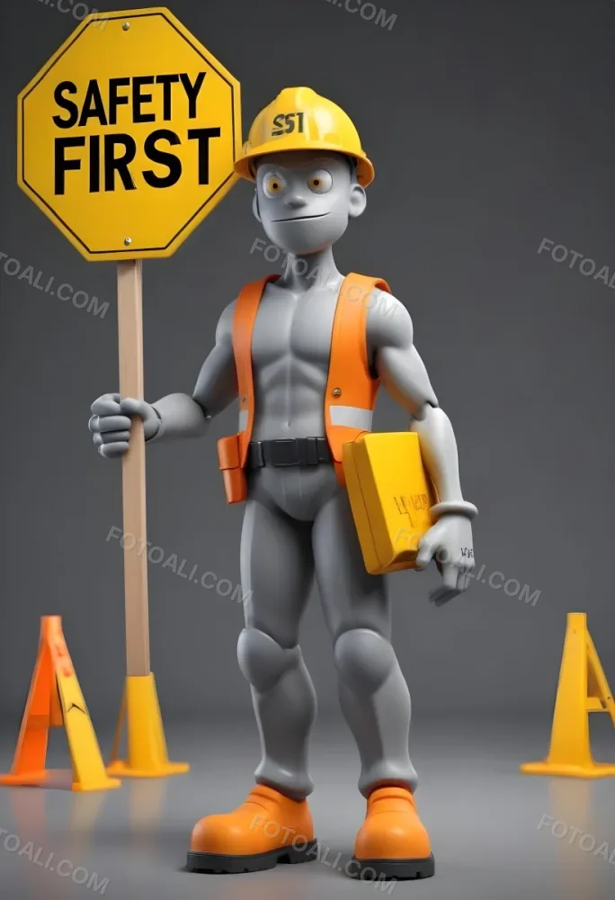 3d Model A Gray Humanoid Figure Wearing An Orange Hard Hat Holding A Yellow Sign That Reads Safety First In Black Text The Figure Stands Upright With Both Hands On The Sign Emphasizing The Importance Of Safety The 5 03a9