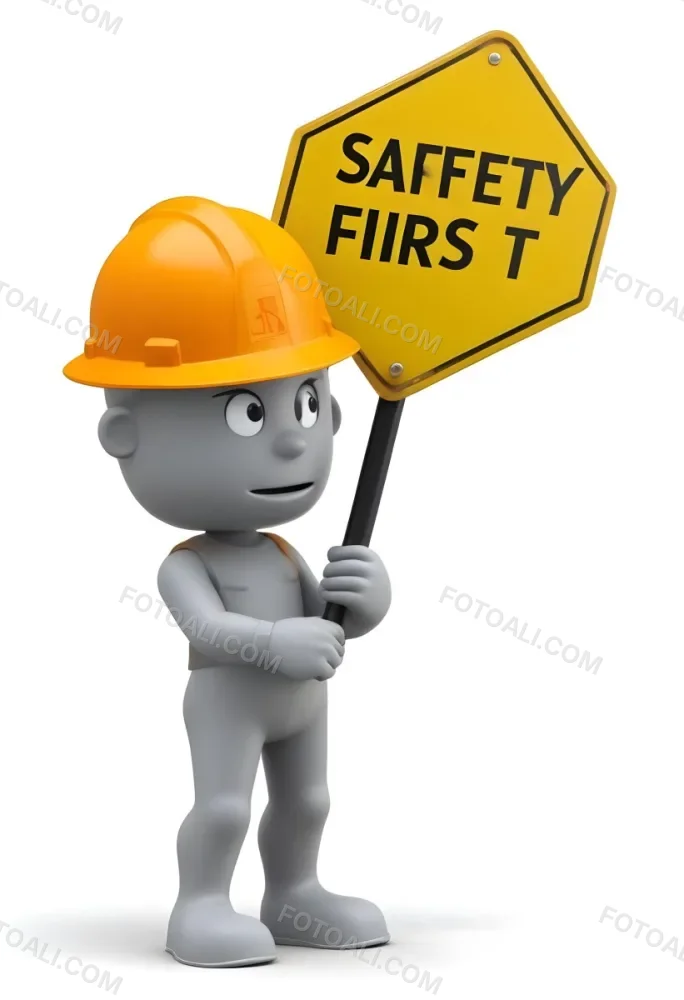 3d Model A Gray Humanoid Figure Wearing An Orange Hard Hat Holding A Yellow Sign That Reads Safety First In Black Text The Figure Stands Upright With Both Hands On The Sign Emphasizing The Importance Of Safety The 6 F6b4