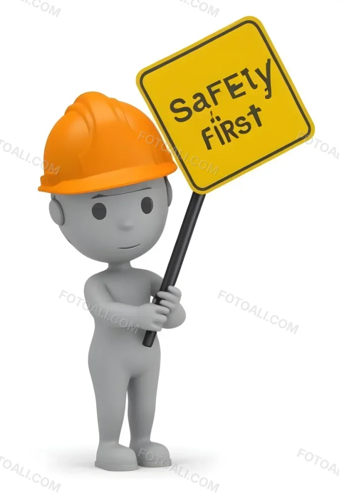 3d Model A Gray Humanoid Figure Wearing An Orange Hard Hat Holding A Yellow Sign That Reads Safety First In Black Text The Figure Stands Upright With Both Hands On The Sign Emphasizing The Importance Of Safety The 7 Fc09