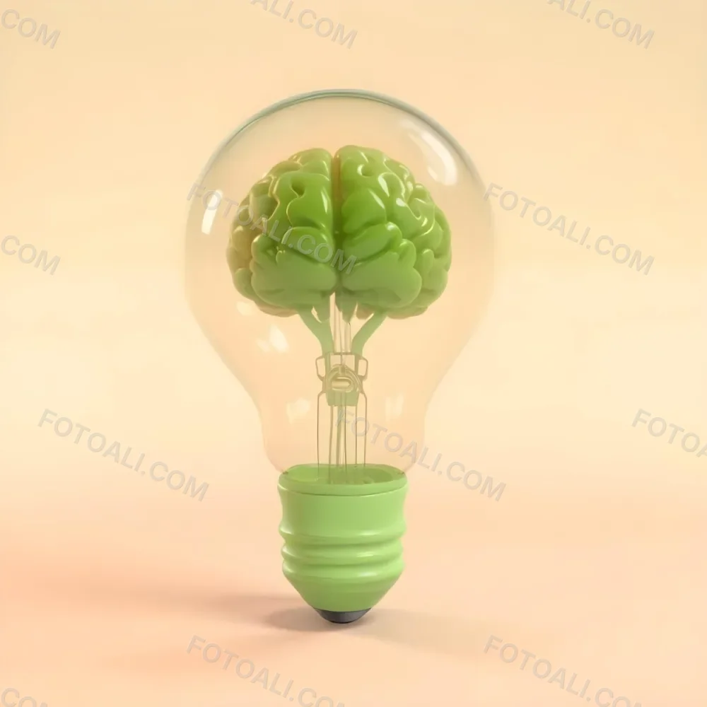 3d Model A Green Brain Inside A Light Bulb With A Green Base The Background Is A Plain Light Orange Color Figure Octane Render Volumetric Highly Detailed Videogame Aesthetic 10 9331