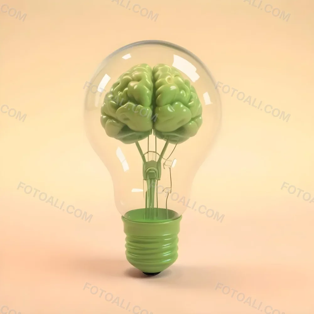 3d Model A Green Brain Inside A Light Bulb With A Green Base The Background Is A Plain Light Orange Color Figure Octane Render Volumetric Highly Detailed Videogame Aesthetic 14 84d2