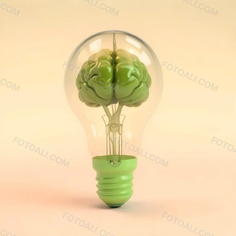 3d Model A Green Brain Inside A Light Bulb With A Green Base The Background Is A Plain Light Orange Color Figure Octane Render Volumetric Highly Detailed Videogame Aesthetic 22 10cc