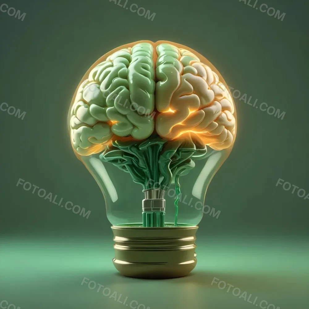 3d Model A Green Brain Inside A Light Bulb With A Green Base The Background Is A Plain Light Orange Color Figure Octane Render Volumetric Highly Detailed Videogame Aesthetic 27 3131