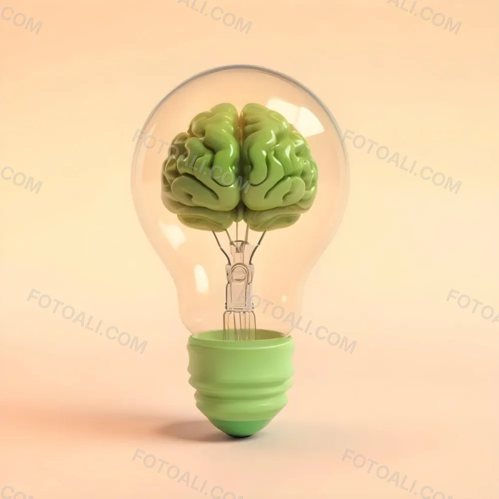 3d Model A Green Brain Inside A Light Bulb With A Green Base The Background Is A Plain Light Orange Color Figure Octane Render Volumetric Highly Detailed Videogame Aesthetic 7 5ed5