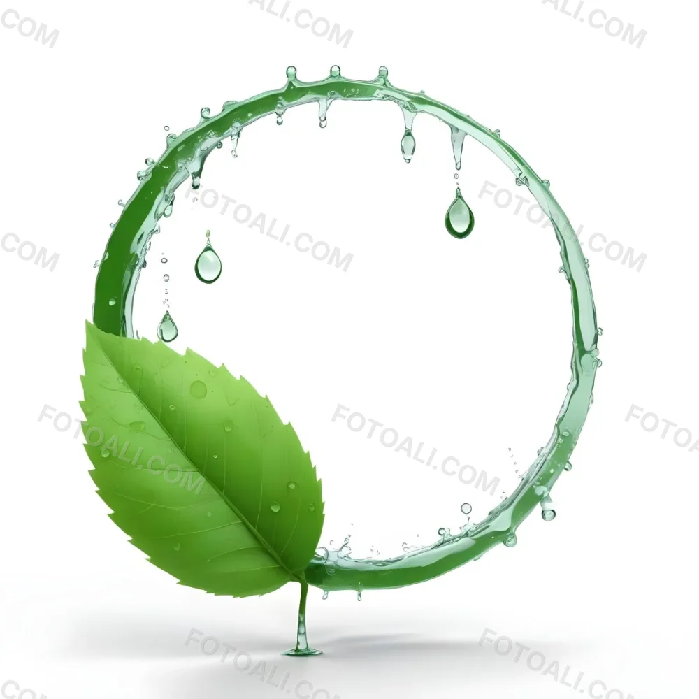3d Model A Green Leaf With Water Drops And A Green Circle Around It White Background Nature Concept Organic Ecology Environment Freshness Growth Health Natural Figure Octane Render Volumetric Highly Detailed 22 F543