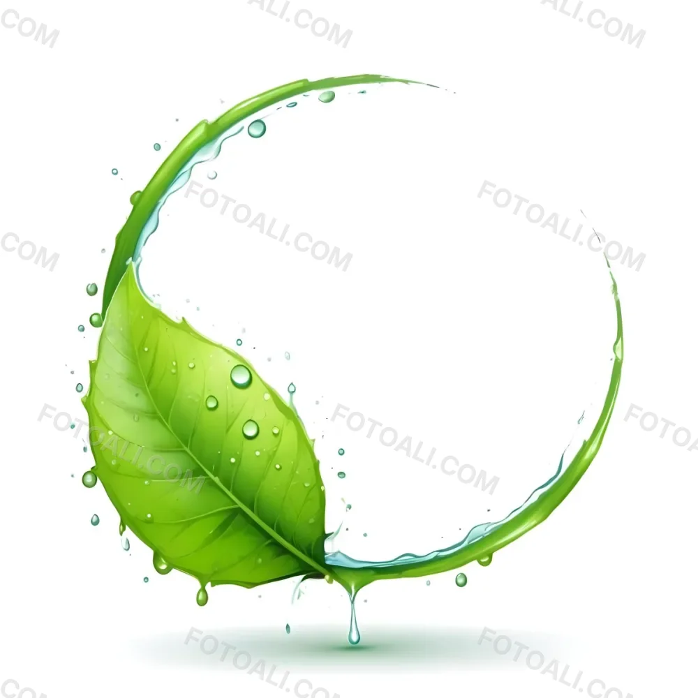 3d Model A Green Leaf With Water Drops And A Green Circle Around It White Background Nature Concept Organic Ecology Environment Freshness Growth Health Natural Figure Octane Render Volumetric Highly Detailed 6 732f