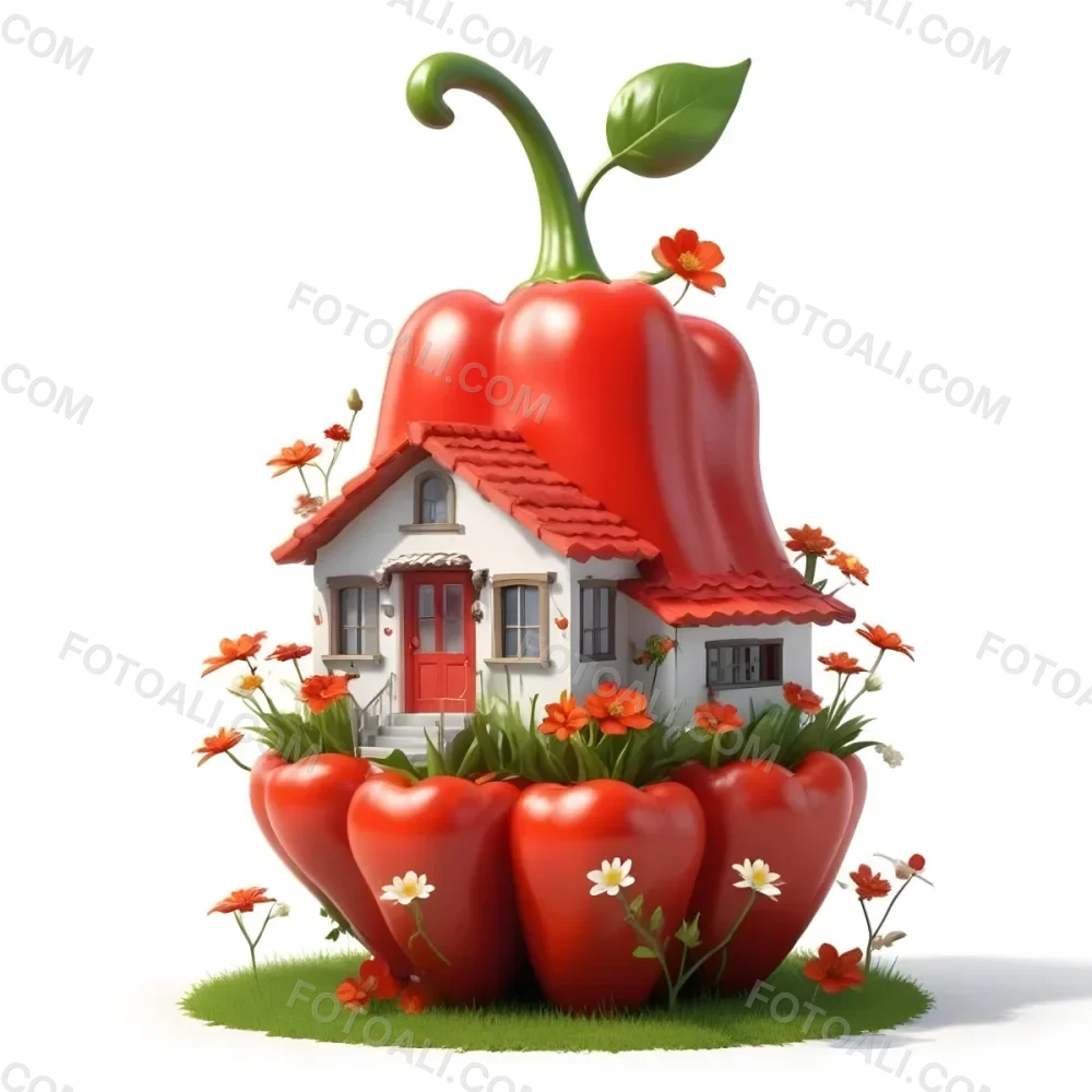 3d Model A House With A White Roof And A White Door Surrounded By Red Peppers And Small Flowers On A White Background Figure Octane Render Volumetric Highly Detailed Videogame Aesthetic 19 0492