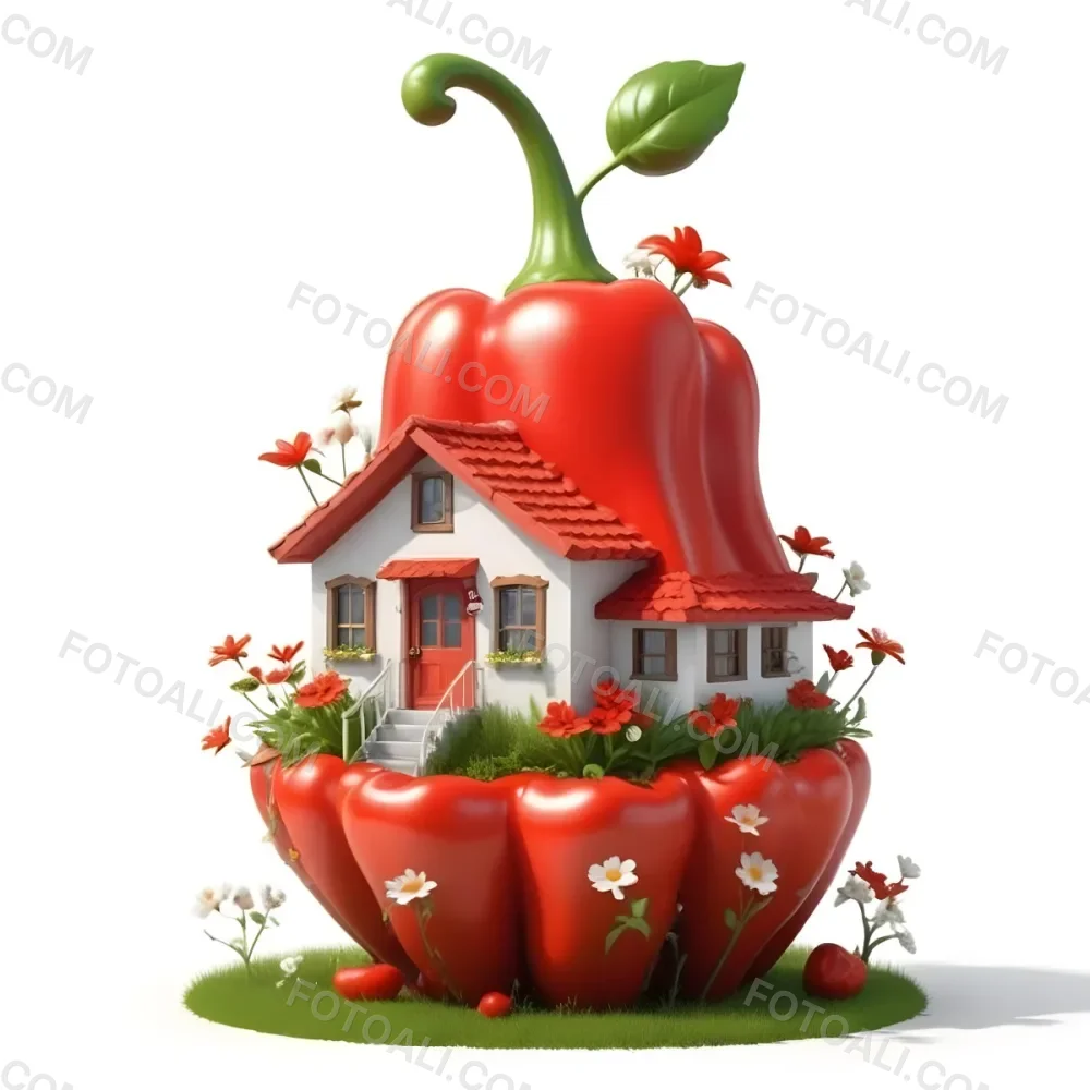 3d Model A House With A White Roof And A White Door Surrounded By Red Peppers And Small Flowers On A White Background Figure Octane Render Volumetric Highly Detailed Videogame Aesthetic 20 9e93