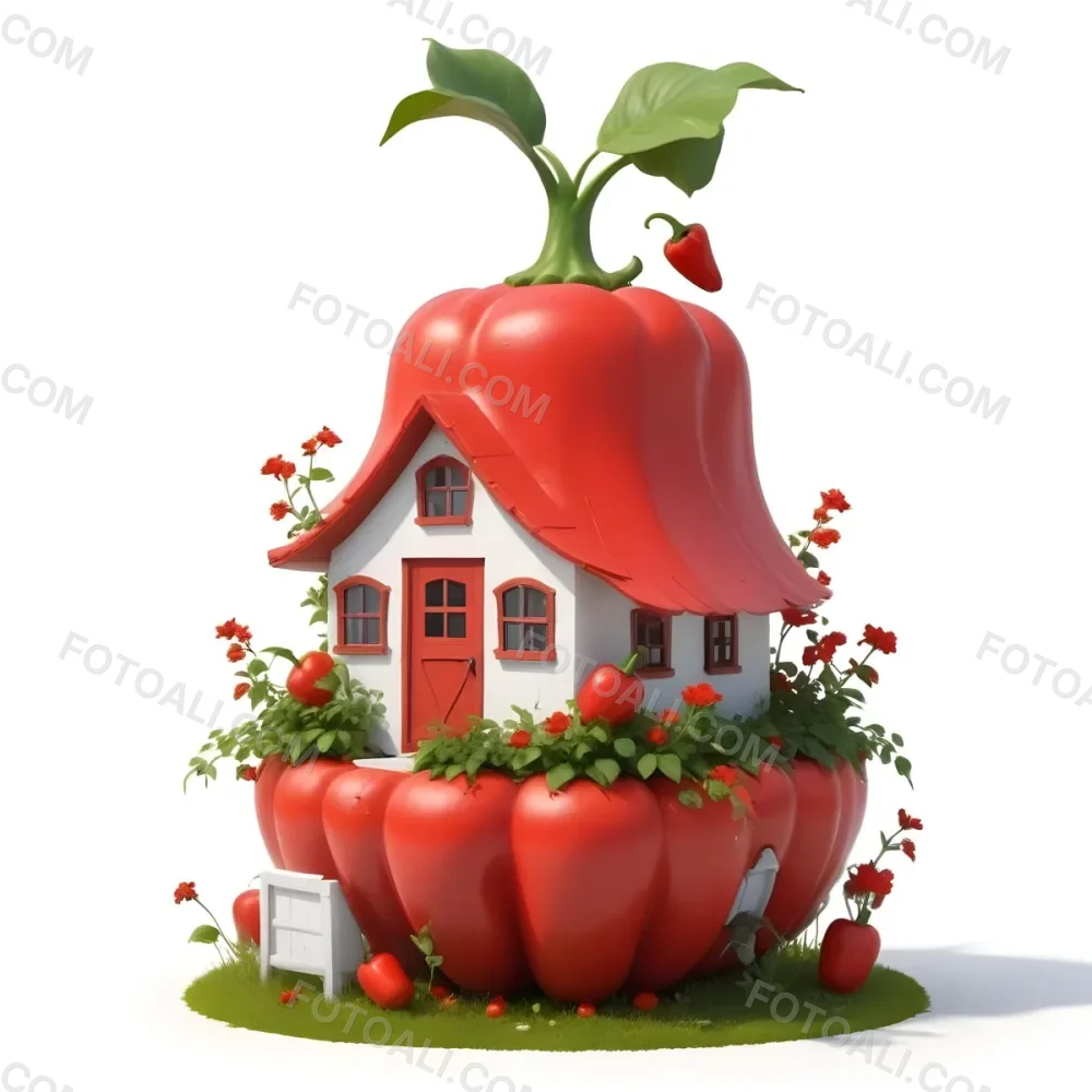 3d Model A House With A White Roof And A White Door Surrounded By Red Peppers And Small Flowers On A White Background Figure Octane Render Volumetric Highly Detailed Videogame Aesthetic 24 9590