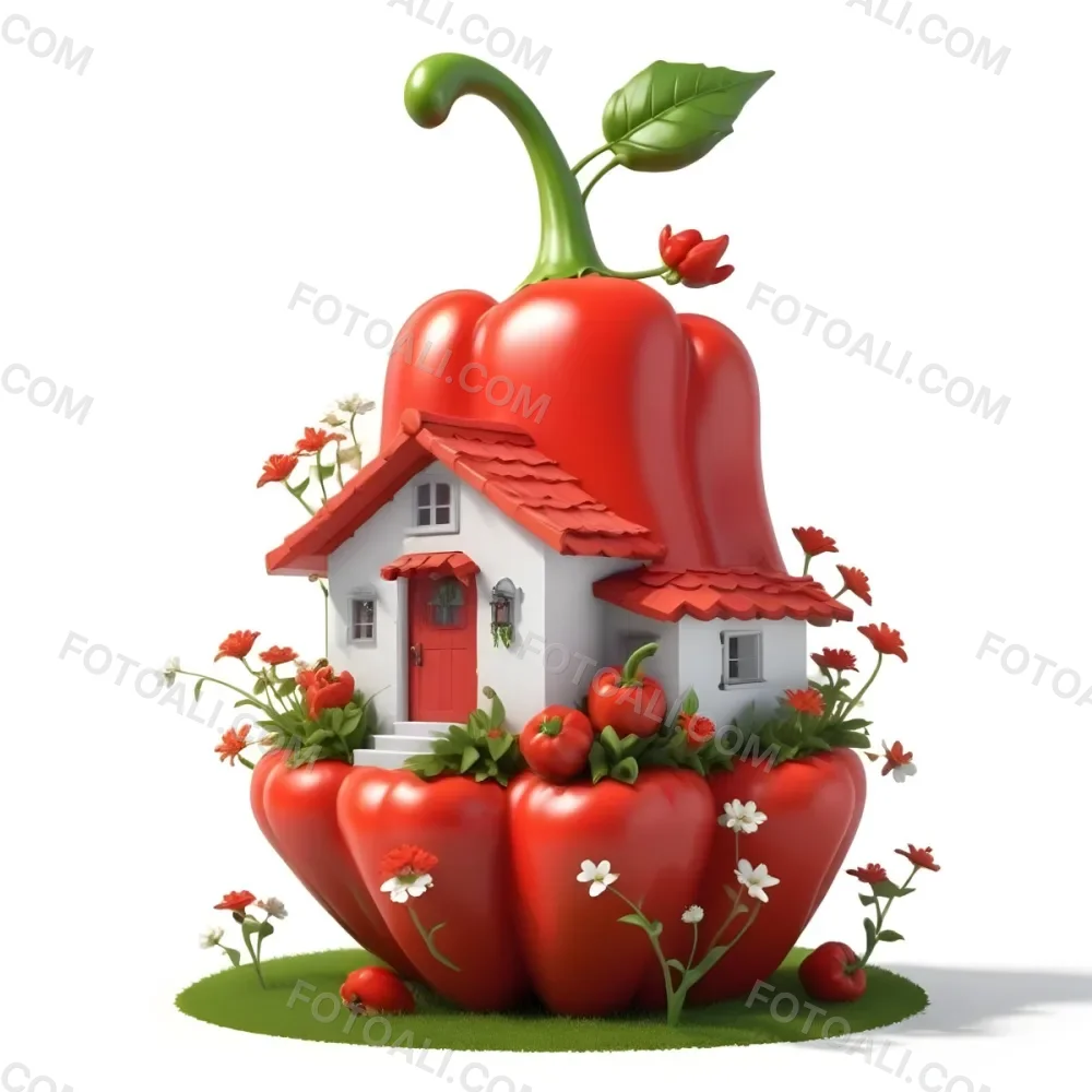 3d Model A House With A White Roof And A White Door Surrounded By Red Peppers And Small Flowers On A White Background Figure Octane Render Volumetric Highly Detailed Videogame Aesthetic 4 1b31
