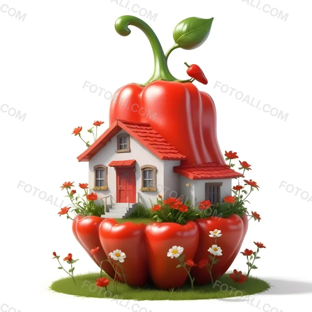 3d Model A House With A White Roof And A White Door Surrounded By Red Peppers And Small Flowers On A White Background Figure Octane Render Volumetric Highly Detailed Videogame Aesthetic 8 B6ee