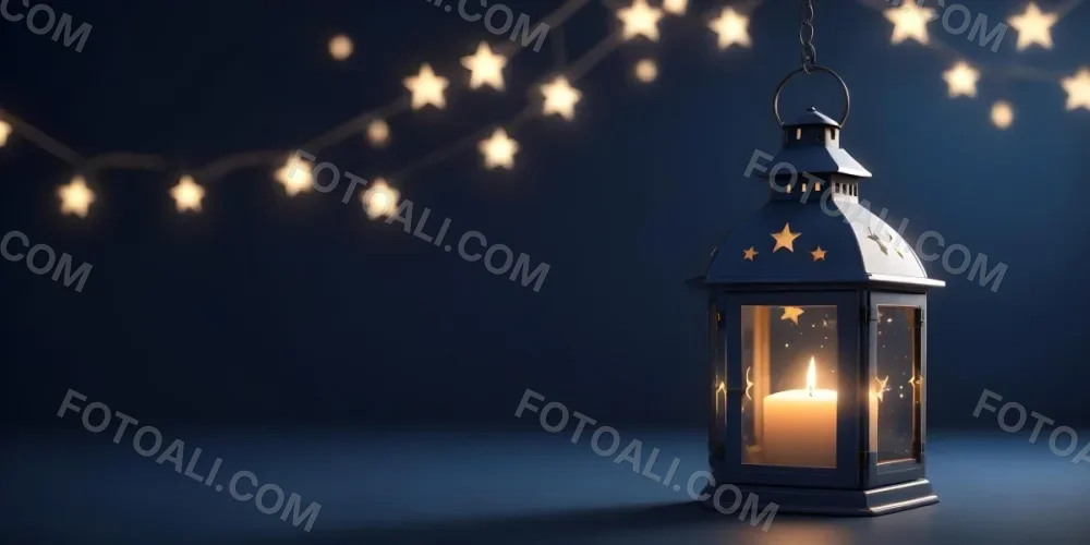 3d Model A Lantern With A Candle Inside Hanging From A Star With Bokeh Lights In A Dark Blue Background Figure Octane Render Volumetric Highly Detailed Videogame Aesthetic 24 90b0
