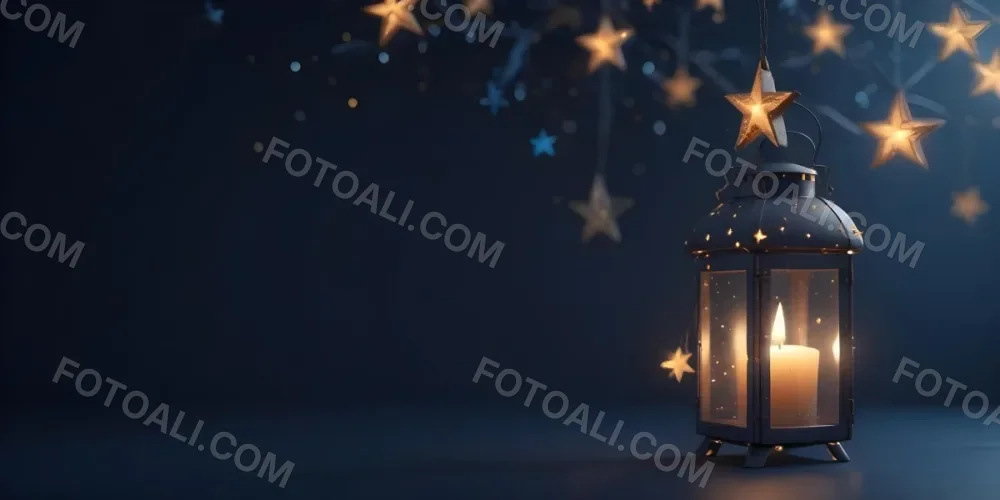 3d Model A Lantern With A Candle Inside Hanging From A Star With Bokeh Lights In A Dark Blue Background Figure Octane Render Volumetric Highly Detailed Videogame Aesthetic 37 E56d