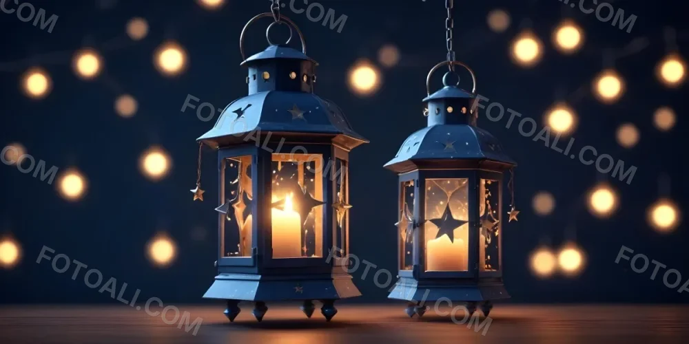 3d Model A Lantern With A Candle Inside Hanging From A Star With Bokeh Lights In A Dark Blue Background Figure Octane Render Volumetric Highly Detailed Videogame Aesthetic 4 0a84