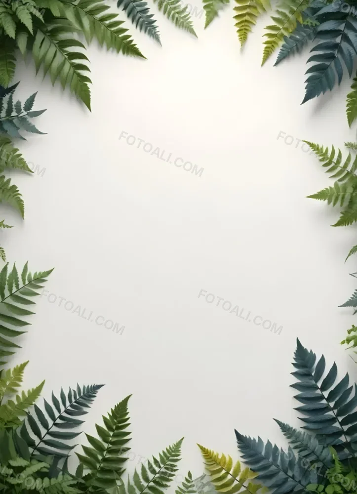 3d Model A Light Background With Decorative Green Leaves And Ferns Arranged At The Corners Creating A Frame Like Effect The Leaves Vary In Shape And Size With Some Featuring Hints Of Blue And Yellow Accents The Cente 13 B89f