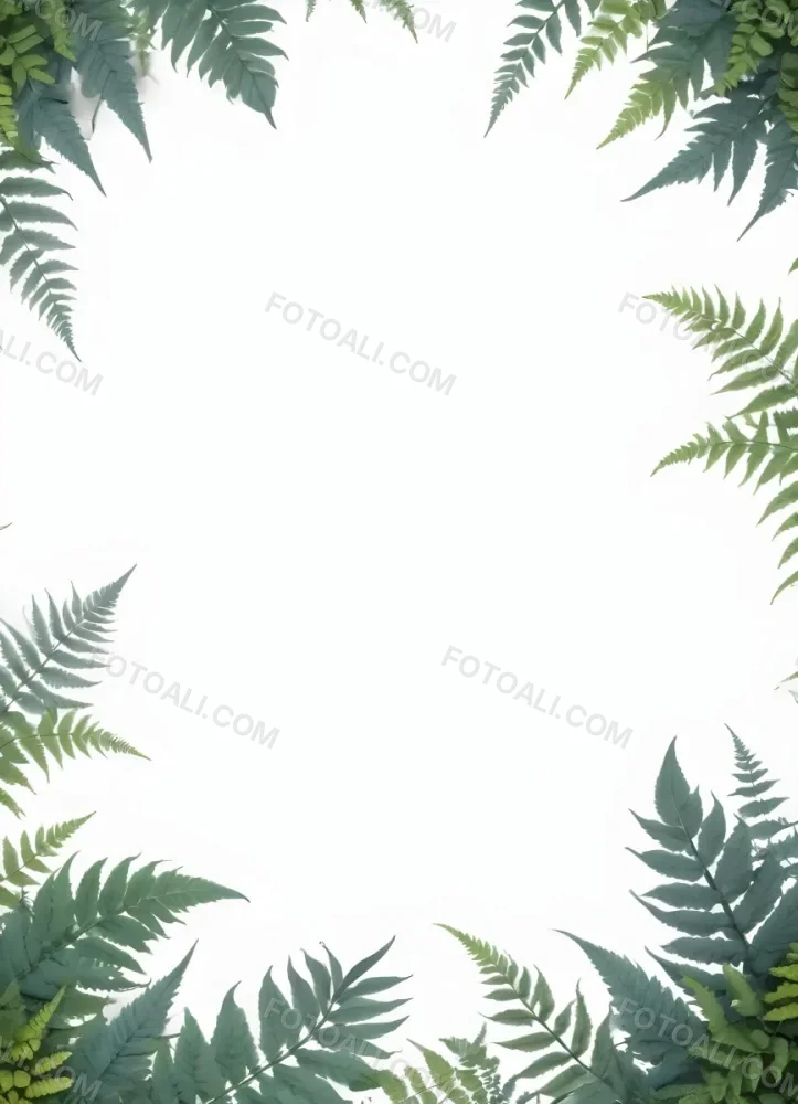 3d Model A Light Background With Decorative Green Leaves And Ferns Arranged At The Corners Creating A Frame Like Effect The Leaves Vary In Shape And Size With Some Featuring Hints Of Blue And Yellow Accents The Cente 17 Ad84
