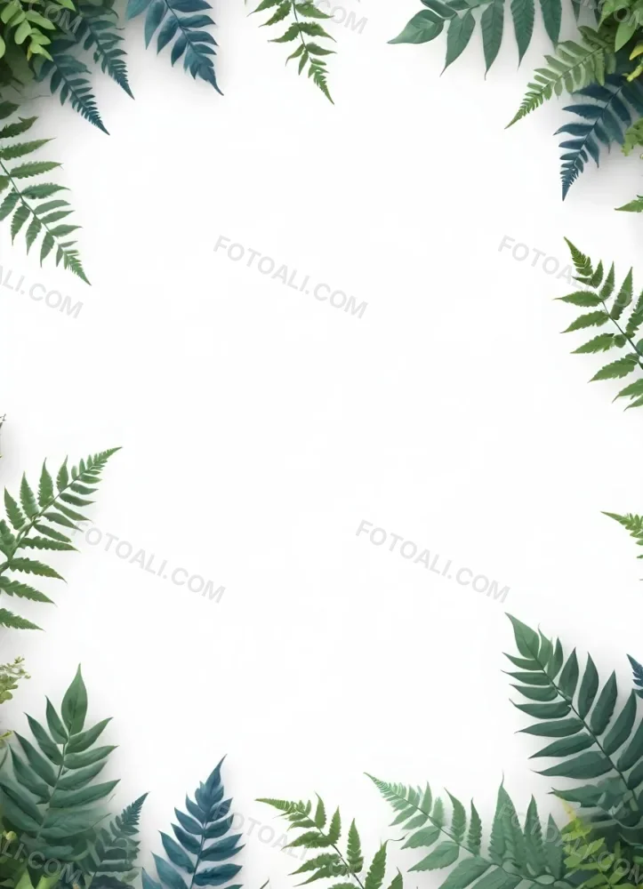 3d Model A Light Background With Decorative Green Leaves And Ferns Arranged At The Corners Creating A Frame Like Effect The Leaves Vary In Shape And Size With Some Featuring Hints Of Blue And Yellow Accents The Cente 19 2c96