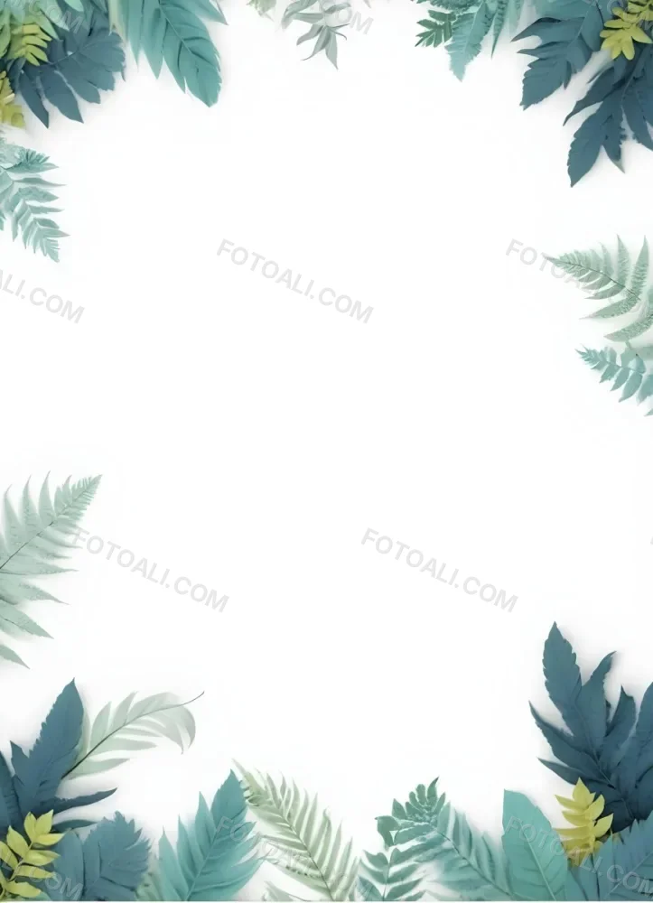3d Model A Light Background With Decorative Green Leaves And Ferns Arranged At The Corners Creating A Frame Like Effect The Leaves Vary In Shape And Size With Some Featuring Hints Of Blue And Yellow Accents The Cente 21 26a8