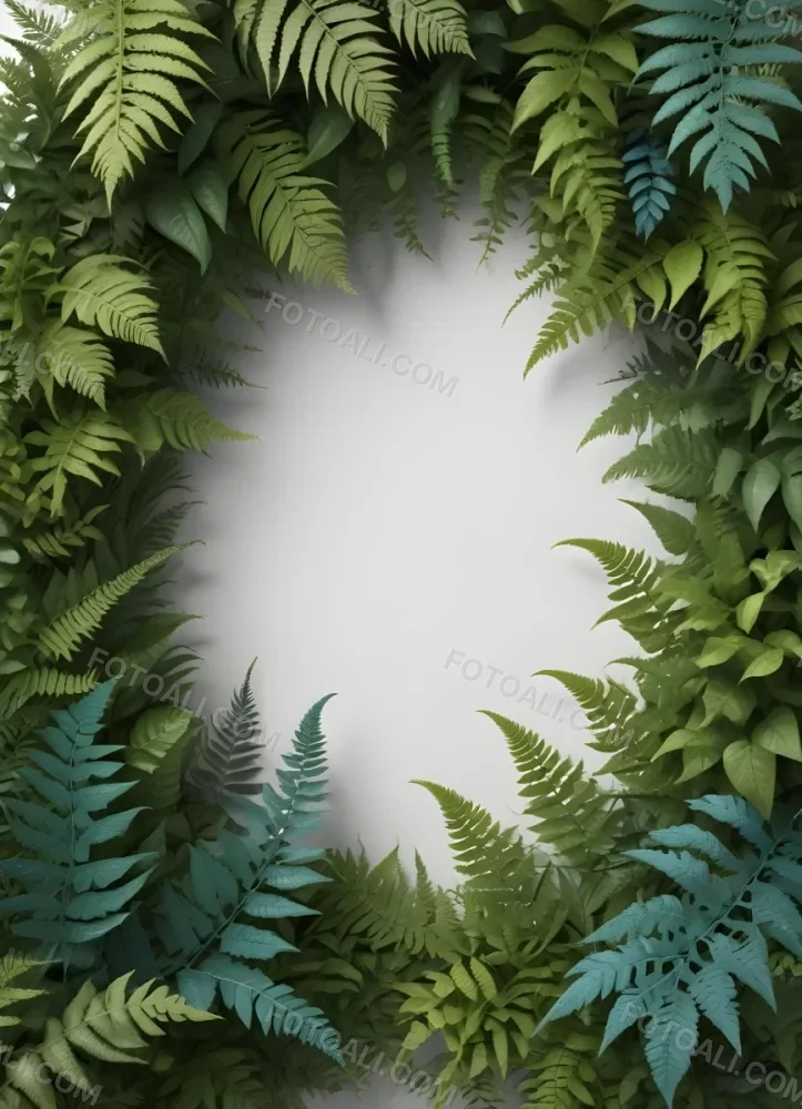 3d Model A Light Background With Decorative Green Leaves And Ferns Arranged At The Corners Creating A Frame Like Effect The Leaves Vary In Shape And Size With Some Featuring Hints Of Blue And Yellow Accents The Cente 5 D76e