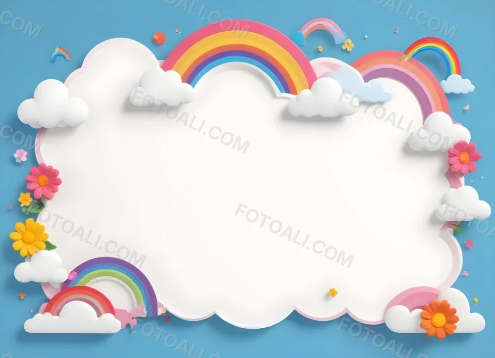 3d Model A Light Blue Background With White Fluffy Clouds At The Top And Bottom Colorful Flowers In Pink Are Scattered Around The Clouds Two Stylized Rainbows With Red Arcs Are Positioned At The Bottom Left And Right C 11 4bb5
