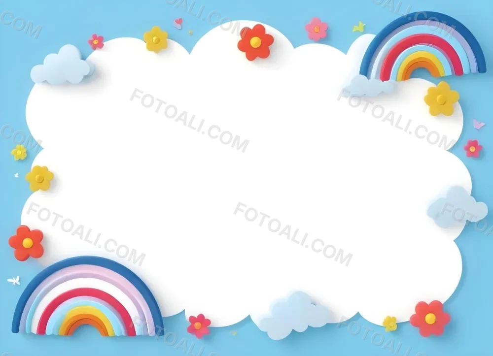 3d Model A Light Blue Background With White Fluffy Clouds At The Top And Bottom Colorful Flowers In Pink Are Scattered Around The Clouds Two Stylized Rainbows With Red Arcs Are Positioned At The Bottom Left And Right C 21 1bd7