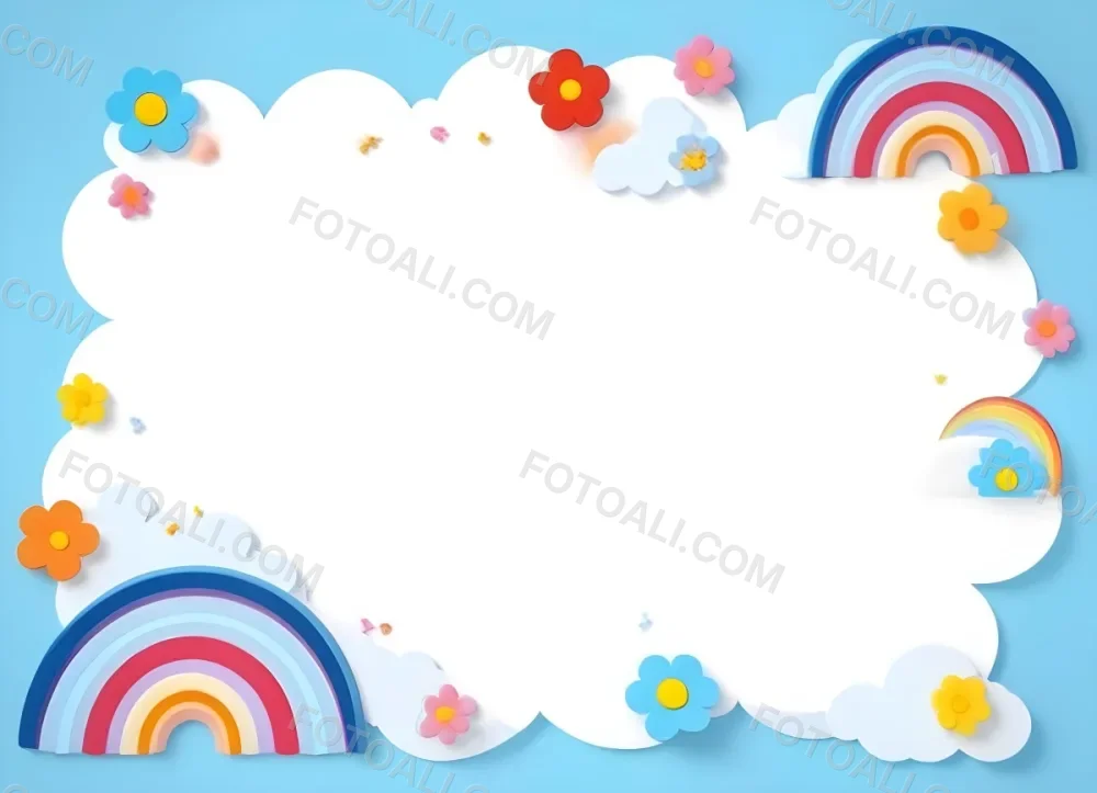 3d Model A Light Blue Background With White Fluffy Clouds At The Top And Bottom Colorful Flowers In Pink Are Scattered Around The Clouds Two Stylized Rainbows With Red Arcs Are Positioned At The Bottom Left And Right C 23 Ab1f