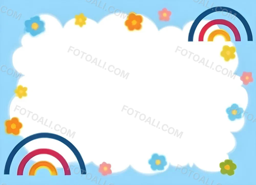 3d Model A Light Blue Background With White Fluffy Clouds At The Top And Bottom Colorful Flowers In Pink Are Scattered Around The Clouds Two Stylized Rainbows With Red Arcs Are Positioned At The Bottom Left And Right C 24 1d5a