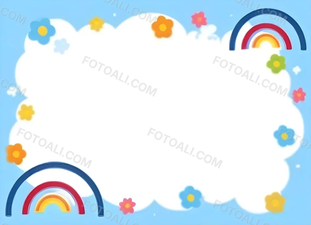 3d Model A Light Blue Background With White Fluffy Clouds At The Top And Bottom Colorful Flowers In Pink Are Scattered Around The Clouds Two Stylized Rainbows With Red Arcs Are Positioned At The Bottom Left And Right C 25 C6ec