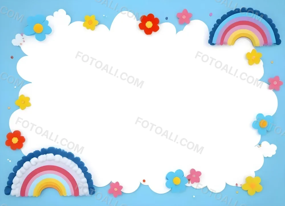 3d Model A Light Blue Background With White Fluffy Clouds At The Top And Bottom Colorful Flowers In Pink Are Scattered Around The Clouds Two Stylized Rainbows With Red Arcs Are Positioned At The Bottom Left And Right C 26 263f