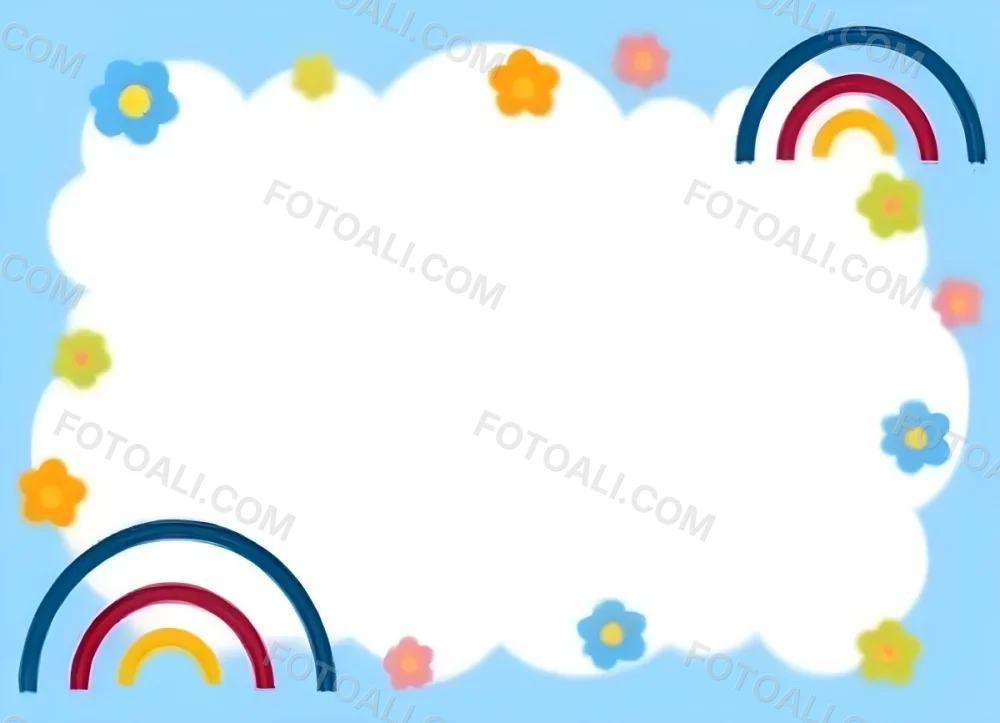 3d Model A Light Blue Background With White Fluffy Clouds At The Top And Bottom Colorful Flowers In Pink Are Scattered Around The Clouds Two Stylized Rainbows With Red Arcs Are Positioned At The Bottom Left And Right C 32 31b0