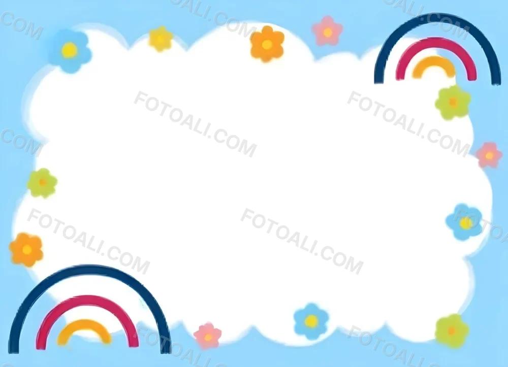 3d Model A Light Blue Background With White Fluffy Clouds At The Top And Bottom Colorful Flowers In Pink Are Scattered Around The Clouds Two Stylized Rainbows With Red Arcs Are Positioned At The Bottom Left And Right C 37 66dd