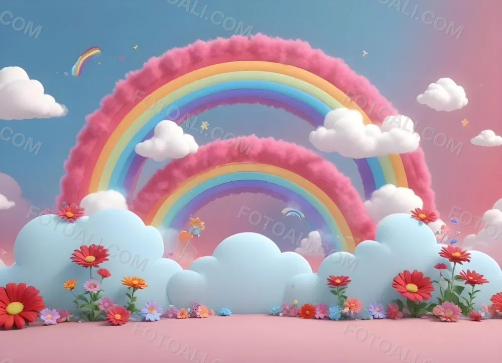 3d Model A Light Blue Background With White Fluffy Clouds At The Top And Bottom Colorful Flowers In Pink Are Scattered Around The Clouds Two Stylized Rainbows With Red Arcs Are Positioned At The Bottom Left And Right C 6 3f8b