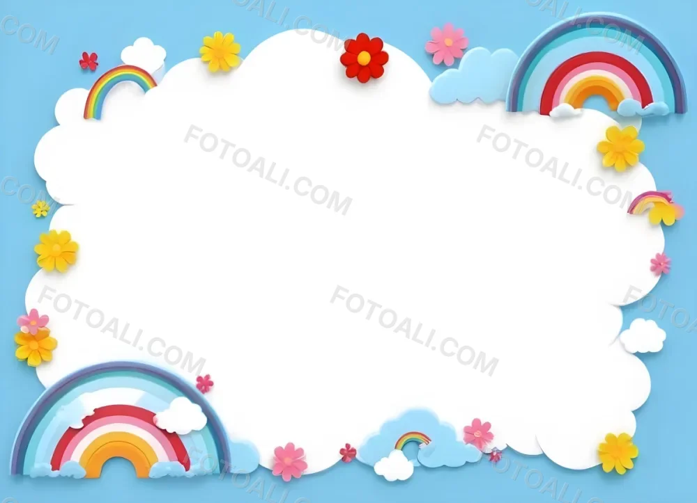 3d Model A Light Blue Background With White Fluffy Clouds At The Top And Bottom Colorful Flowers In Pink Are Scattered Around The Clouds Two Stylized Rainbows With Red Arcs Are Positioned At The Bottom Left And Right C 7 Dd9c