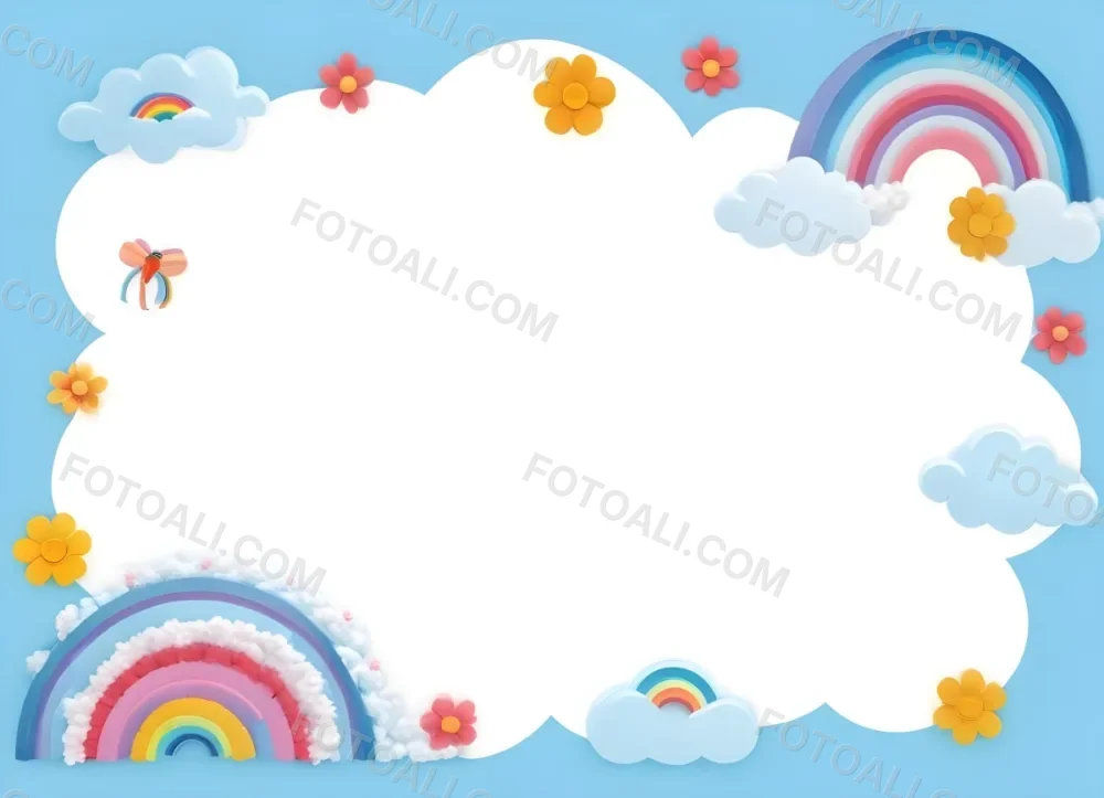 3d Model A Light Blue Background With White Fluffy Clouds At The Top And Bottom Colorful Flowers In Pink Are Scattered Around The Clouds Two Stylized Rainbows With Red Arcs Are Positioned At The Bottom Left And Right C 8 E97f