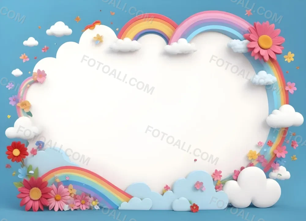 3d Model A Light Blue Background With White Fluffy Clouds At The Top And Bottom Colorful Flowers In Pink Are Scattered Around The Clouds Two Stylized Rainbows With Red Arcs Are Positioned At The Bottom Left And Right C 9 1b95