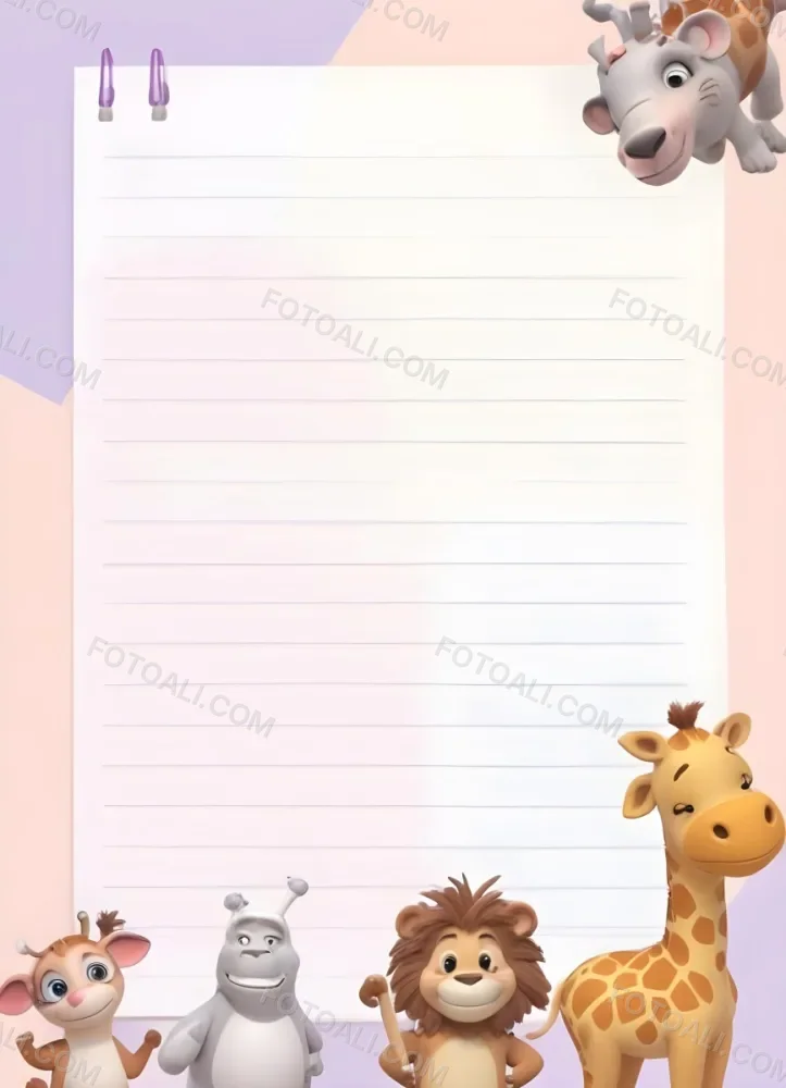 3d Model A Lined Notepad With A Pastel Colored Background At The Bottom There Are Cartoon Animals Including A Giraffe A Lion And A Monkey All With Friendly Expressions The Top Of The Notepad Is Lined Allowing Sp 1 1dd2
