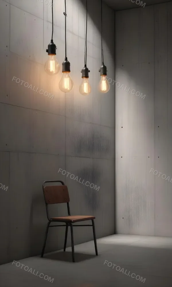 3d Model A Metal Chair In Front Of A Concrete Wall With Two Light Bulbs Hanging From The Ceiling Minimalist Design Industrial Style Figure Octane Render Volumetric Highly Detailed Videogame Aesthetic 16 A793