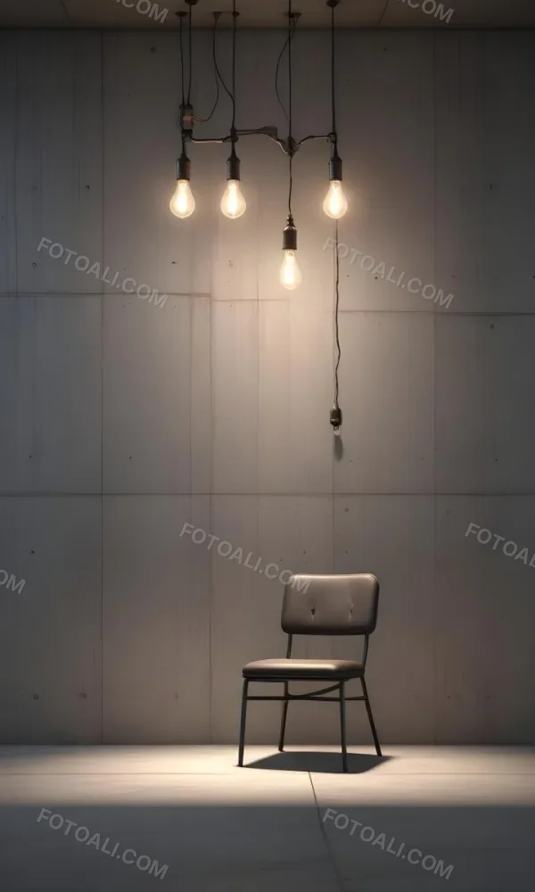 3d Model A Metal Chair In Front Of A Concrete Wall With Two Light Bulbs Hanging From The Ceiling Minimalist Design Industrial Style Figure Octane Render Volumetric Highly Detailed Videogame Aesthetic 2 848f