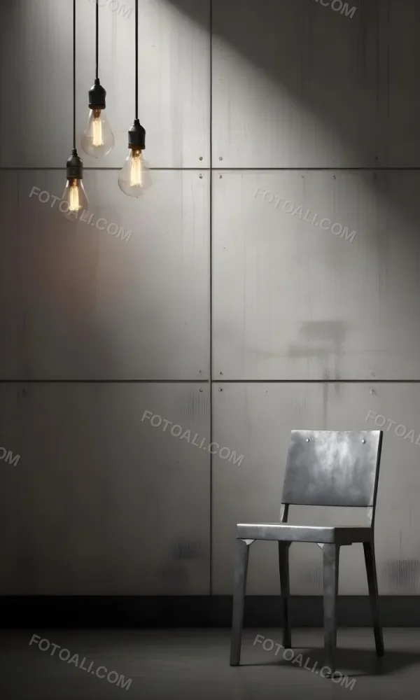 3d Model A Metal Chair In Front Of A Concrete Wall With Two Light Bulbs Hanging From The Ceiling Minimalist Design Industrial Style Figure Octane Render Volumetric Highly Detailed Videogame Aesthetic 33 9998