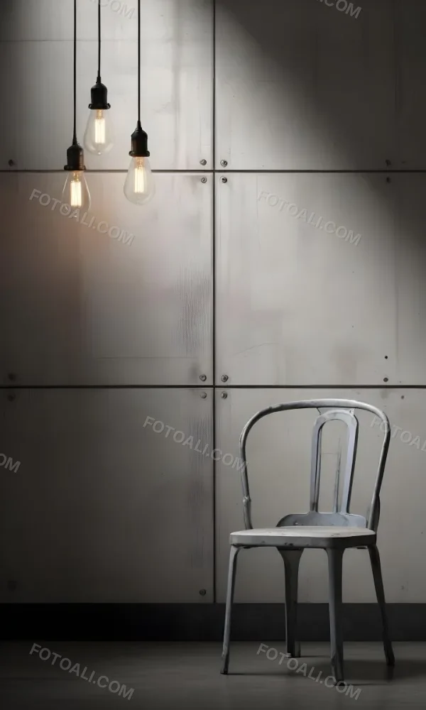 3d Model A Metal Chair In Front Of A Concrete Wall With Two Light Bulbs Hanging From The Ceiling Minimalist Design Industrial Style Figure Octane Render Volumetric Highly Detailed Videogame Aesthetic 40 Fc60