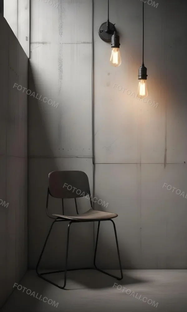 3d Model A Metal Chair In Front Of A Concrete Wall With Two Light Bulbs Hanging From The Ceiling Minimalist Design Industrial Style Figure Octane Render Volumetric Highly Detailed Videogame Aesthetic 44 A27a