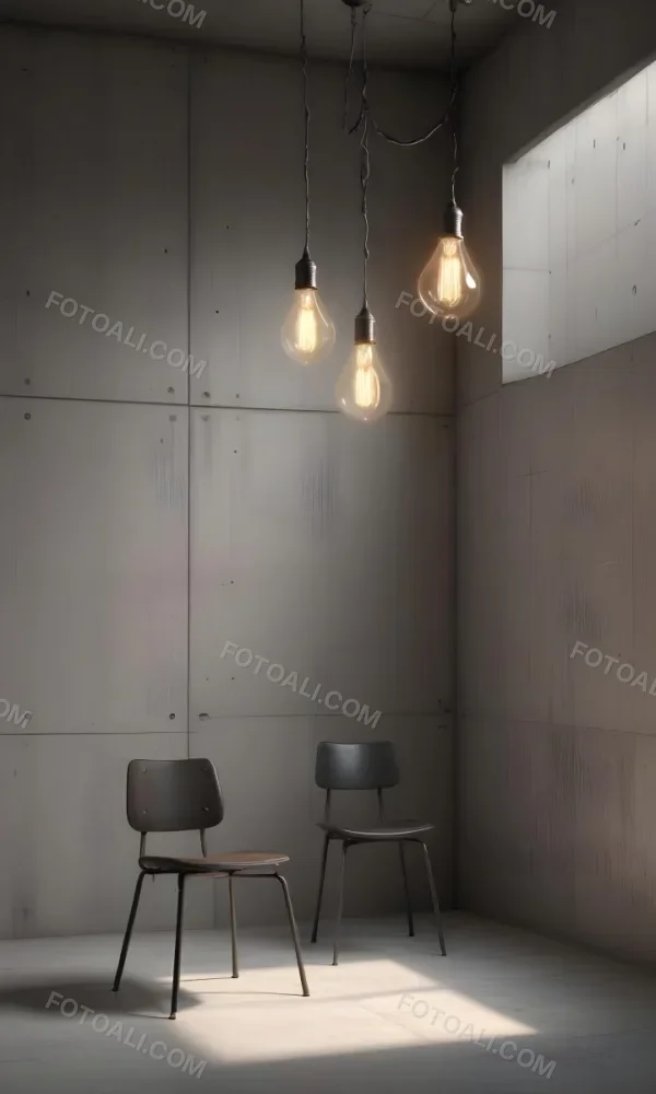 3d Model A Metal Chair In Front Of A Concrete Wall With Two Light Bulbs Hanging From The Ceiling Minimalist Design Industrial Style Figure Octane Render Volumetric Highly Detailed Videogame Aesthetic 48 Ee1e