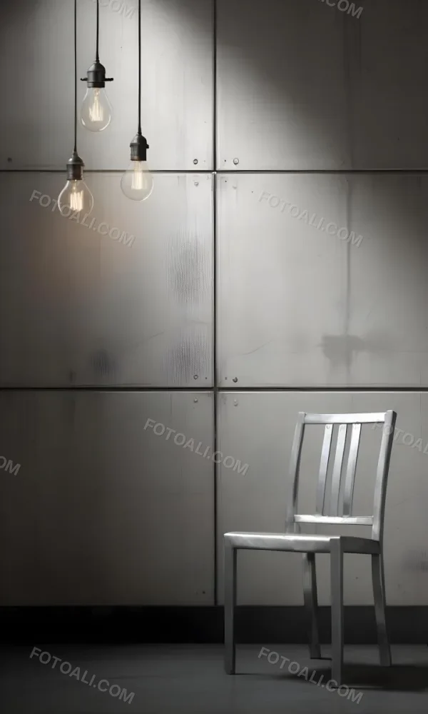 3d Model A Metal Chair In Front Of A Concrete Wall With Two Light Bulbs Hanging From The Ceiling Minimalist Design Industrial Style Figure Octane Render Volumetric Highly Detailed Videogame Aesthetic 5 C2a7