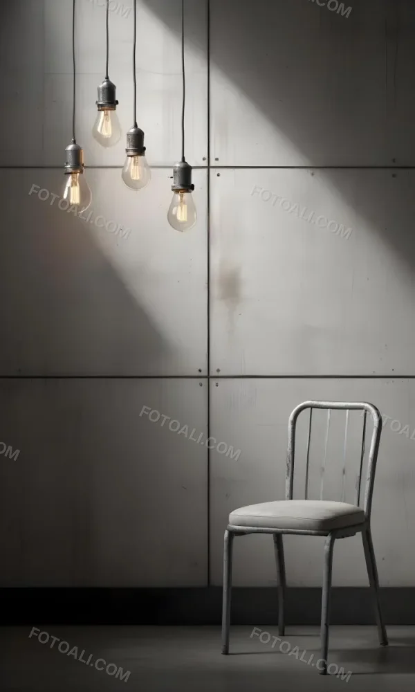 3d Model A Metal Chair In Front Of A Concrete Wall With Two Light Bulbs Hanging From The Ceiling Minimalist Design Industrial Style Figure Octane Render Volumetric Highly Detailed Videogame Aesthetic 51 Ab25